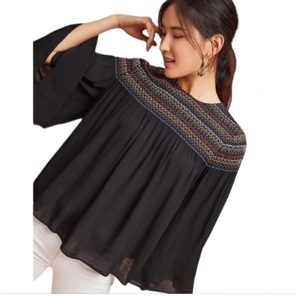 PLENTY by TRACY REESE black blouse colorful smocked neckline & flutter sleeve
